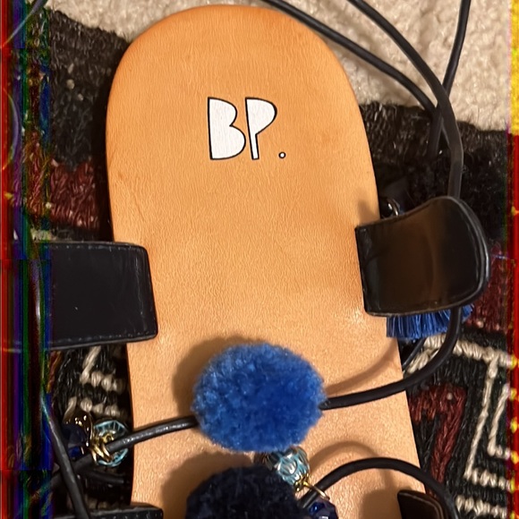BP Nordstrom Beaded Festival Tie Up Sandals Pom Pom Accents BLUE Size 9M EUC - Picture 7 of 13